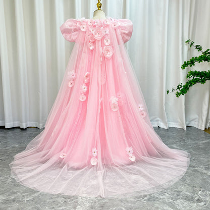 Sky Blue Arabic Flower Girl Dresses Crystal with Cape 3D Flowers J098