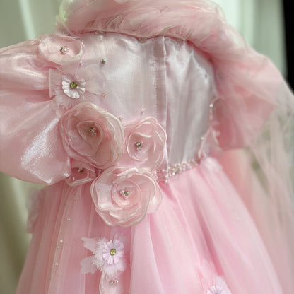 Sky Blue Arabic Flower Girl Dresses Crystal with Cape 3D Flowers J098