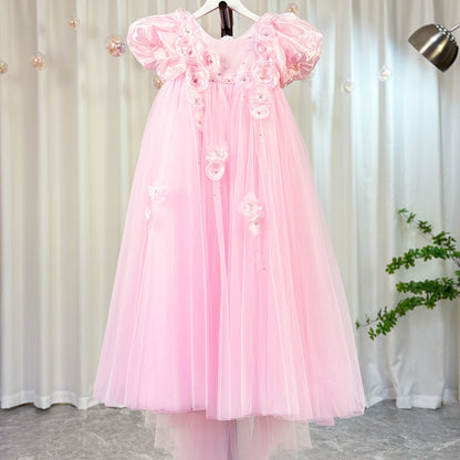 Sky Blue Arabic Flower Girl Dresses Crystal with Cape 3D Flowers J098