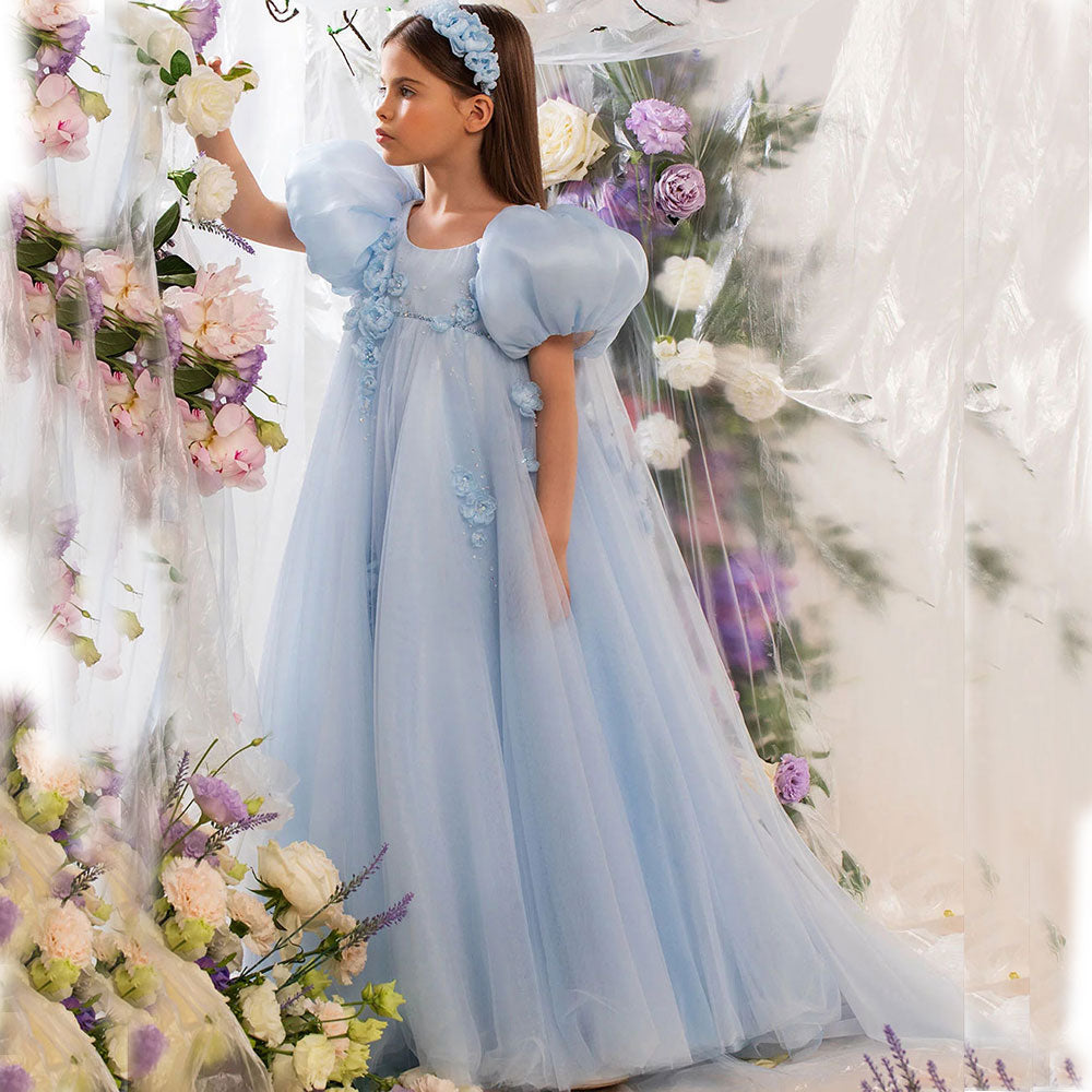 Sky Blue Arabic Flower Girl Dresses Crystal with Cape 3D Flowers J098