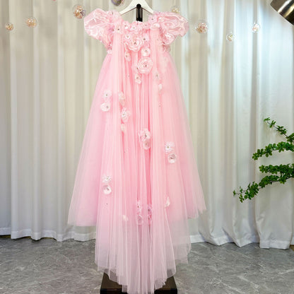 Sky Blue Arabic Flower Girl Dresses Crystal with Cape 3D Flowers J098