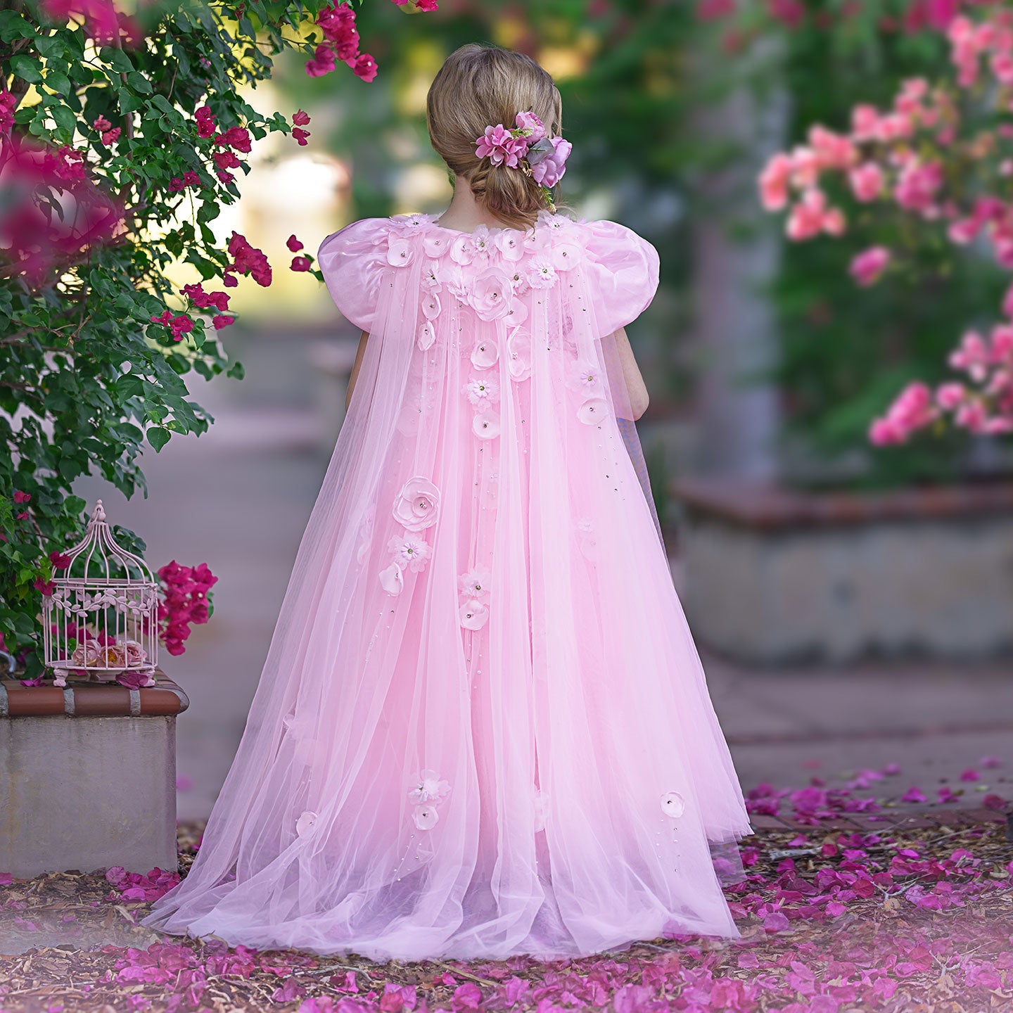 Sky Blue Arabic Flower Girl Dresses Crystal with Cape 3D Flowers J098