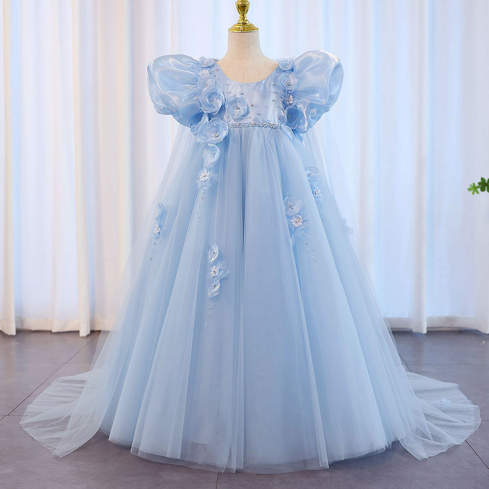 Sky Blue Arabic Flower Girl Dresses Crystal with Cape 3D Flowers J098