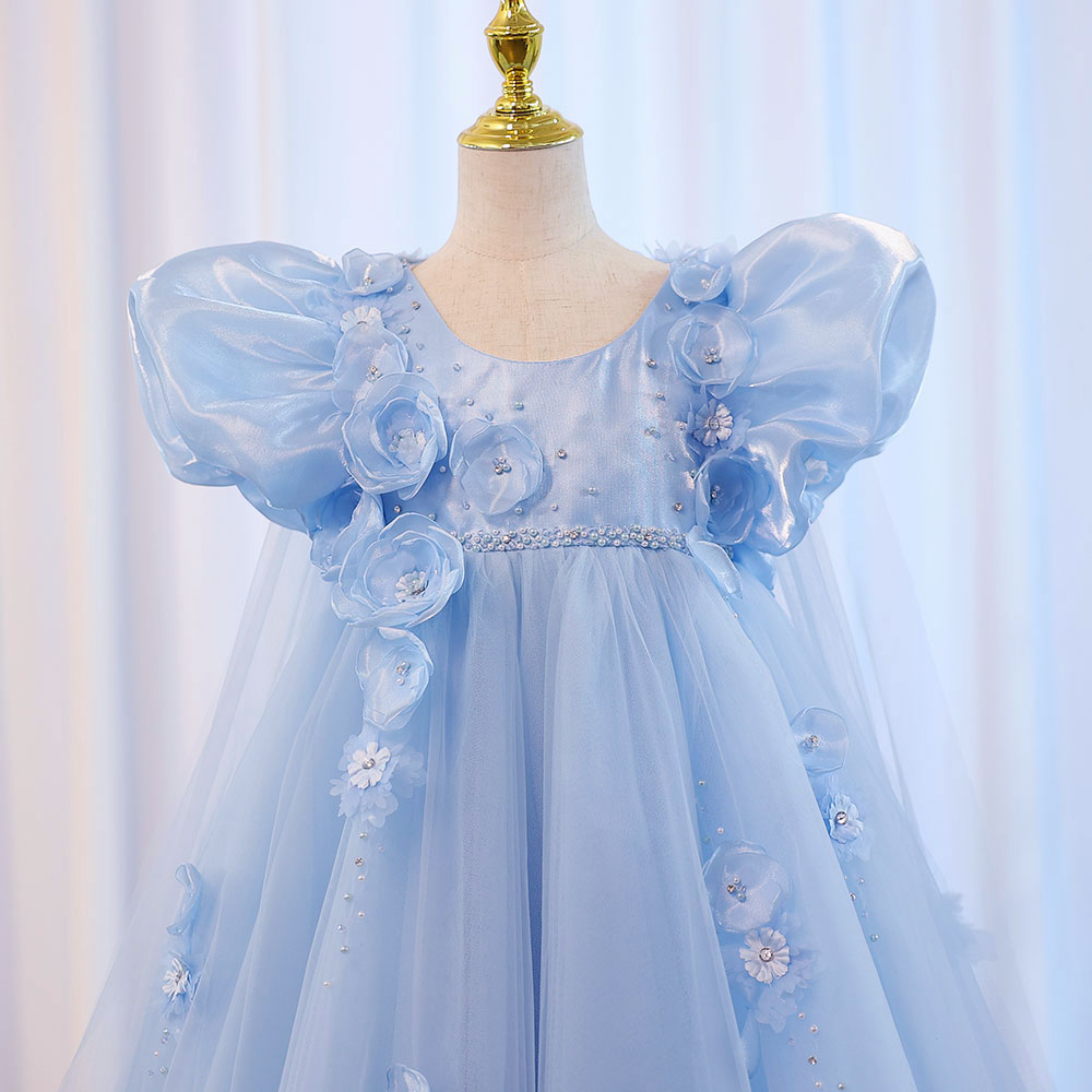 Sky Blue Arabic Flower Girl Dresses Crystal with Cape 3D Flowers J098