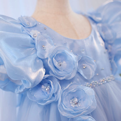 Sky Blue Arabic Flower Girl Dresses Crystal with Cape 3D Flowers J098