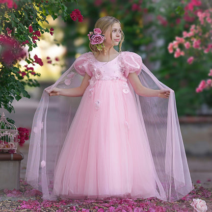 Sky Blue Arabic Flower Girl Dresses Crystal with Cape 3D Flowers J098