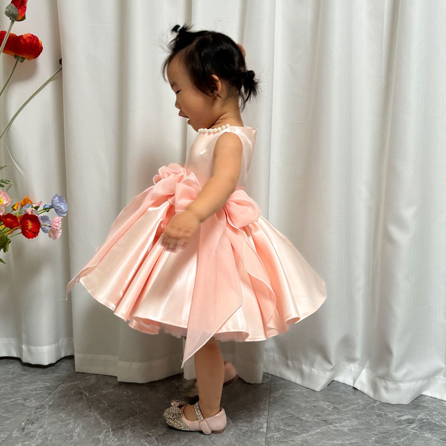 Sleeveless Pink Baby Pearls Princess Girl Dress J208