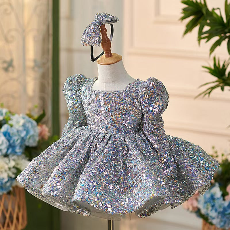 Sparkling Silver Knee Length Girl Dress with Long Sleeve J309