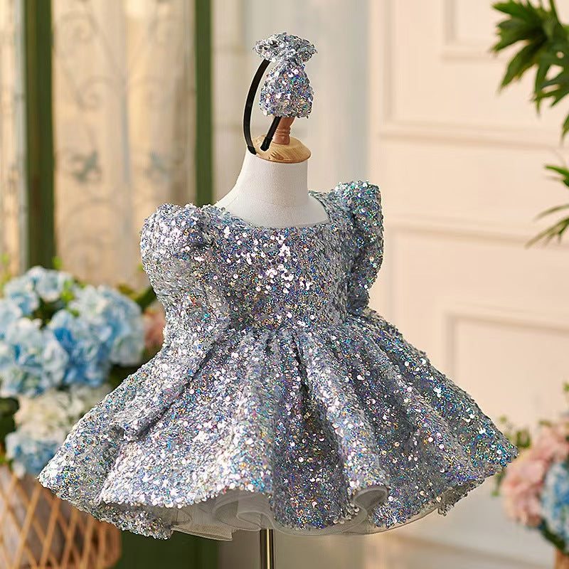 Sparkling Silver Knee Length Girl Dress with Long Sleeve J309