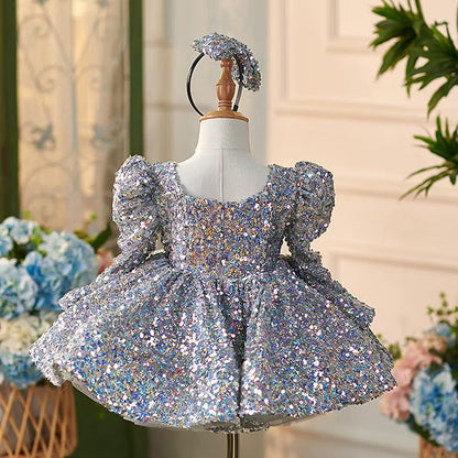 Sparkling Silver Knee Length Girl Dress with Long Sleeve J309