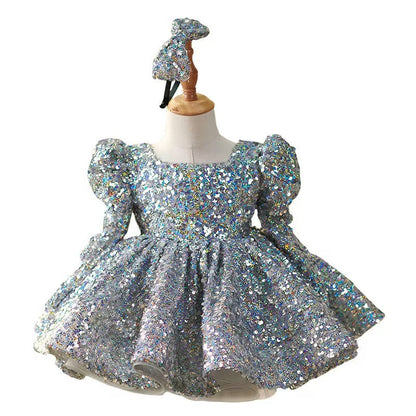 Sparkling Silver Knee Length Girl Dress with Long Sleeve J309