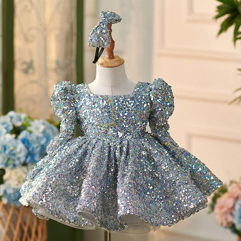 Sparkling Silver Knee Length Girl Dress with Long Sleeve J309