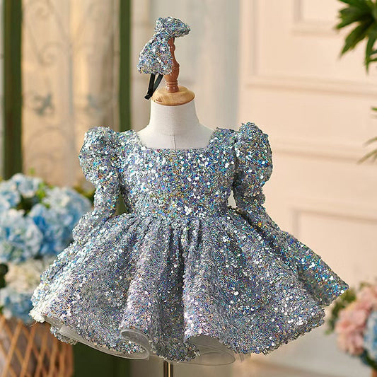 Sparkling Silver Knee Length Girl Dress with Long Sleeve J309