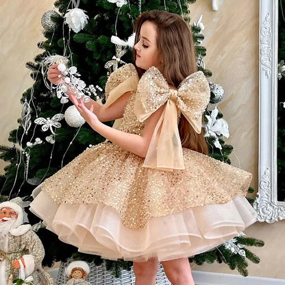 Sparkly White Girl Dress Big Bow Champagne Pink Princess Kids J343