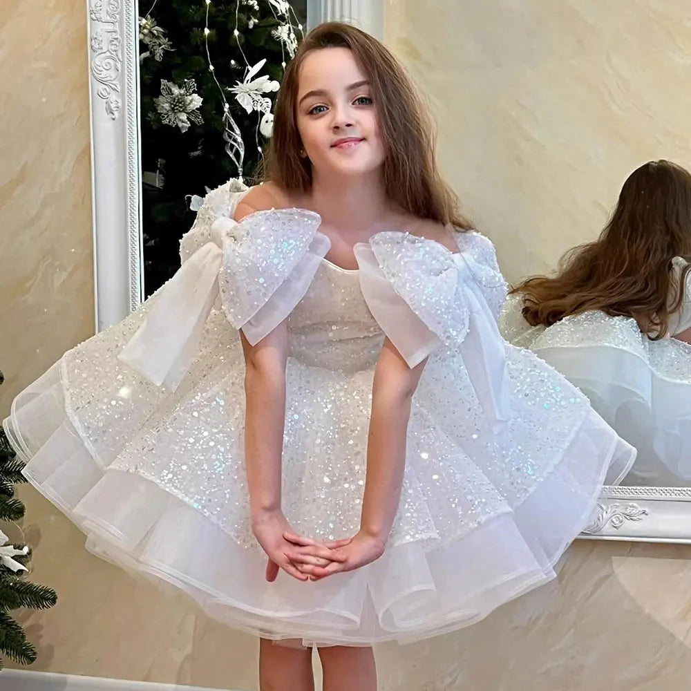 Sparkly White Girl Dress Big Bow Champagne Pink Princess Kids J343