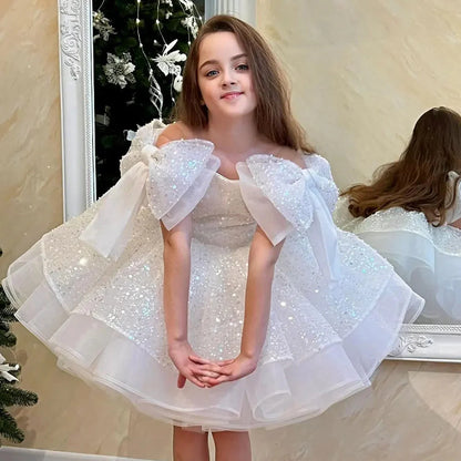 Sparkly White Girl Dress Big Bow Champagne Pink Princess Kids J343