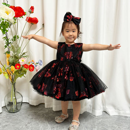 Super Cute Black Baby Lace Knee Length Girl Dress J252