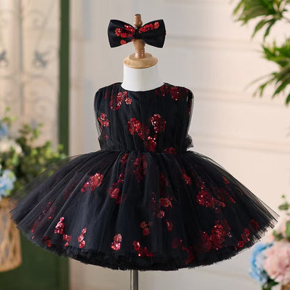 Super Cute Black Baby Lace Knee Length Girl Dress J252