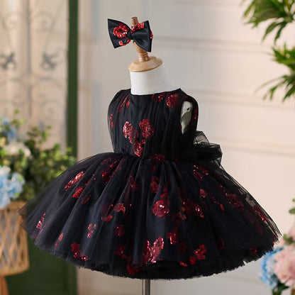 Super Cute Black Baby Lace Knee Length Girl Dress J252