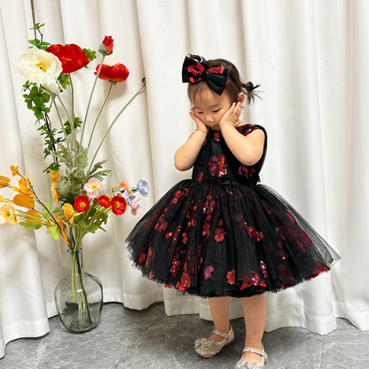 Super Cute Black Baby Lace Knee Length Girl Dress J252