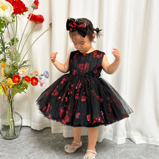 Super Cute Black Baby Lace Knee Length Girl Dress J252
