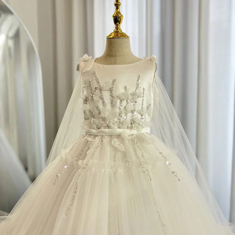 White Flower Girl Dress Beading Pearls with Cape Princess J070