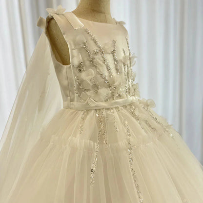 White Flower Girl Dress Beading Pearls with Cape Princess J070