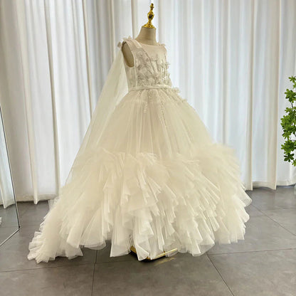 White Flower Girl Dress Beading Pearls with Cape Princess J070