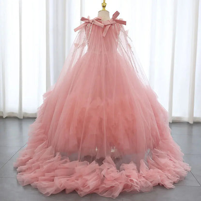 White Flower Girl Dress Beading Pearls with Cape Princess J070