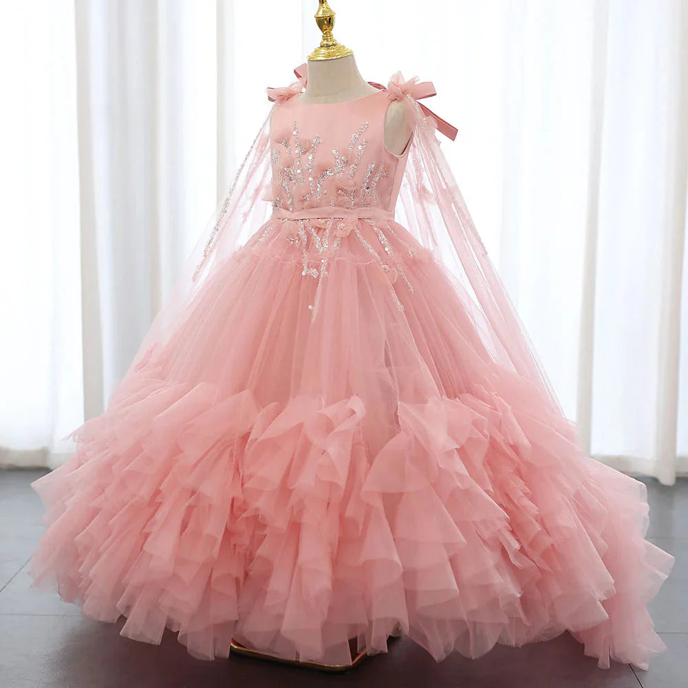 White Flower Girl Dress Beading Pearls with Cape Princess J070