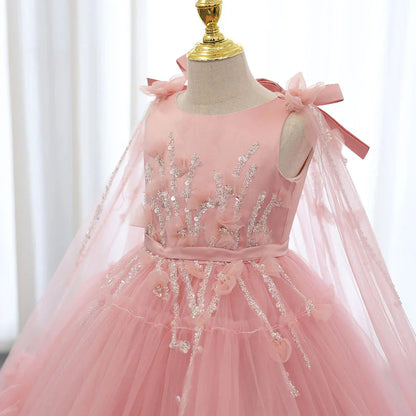 White Flower Girl Dress Beading Pearls with Cape Princess J070