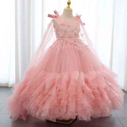 White Flower Girl Dress Beading Pearls with Cape Princess J070