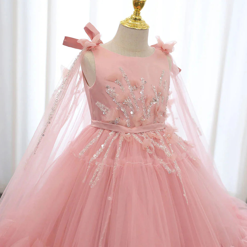 White Flower Girl Dress Beading Pearls with Cape Princess J070