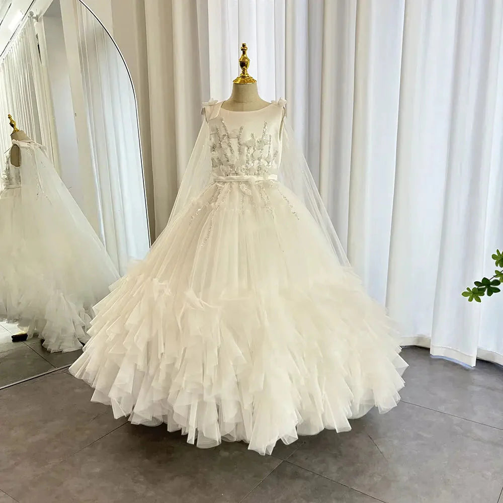 White Flower Girl Dress Beading Pearls with Cape Princess J070