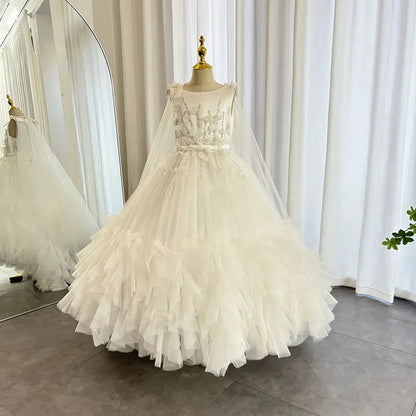 White Flower Girl Dress Beading Pearls with Cape Princess J070