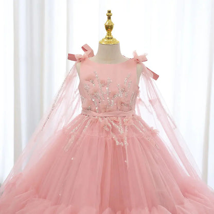 White Flower Girl Dress Beading Pearls with Cape Princess J070