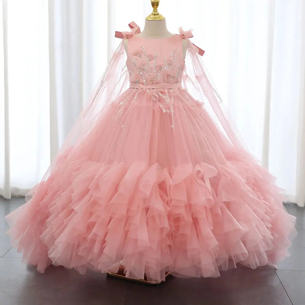 White Flower Girl Dress Beading Pearls with Cape Princess J070