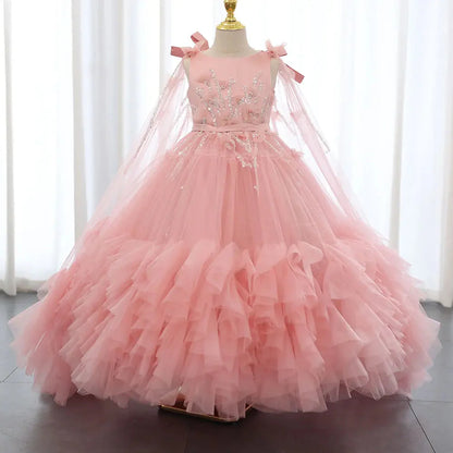 White Flower Girl Dress Beading Pearls with Cape Princess J070