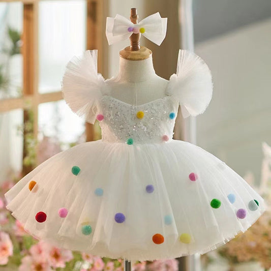 White Girl Dresses with Hairband for Baby Wedding Birthday Party J032