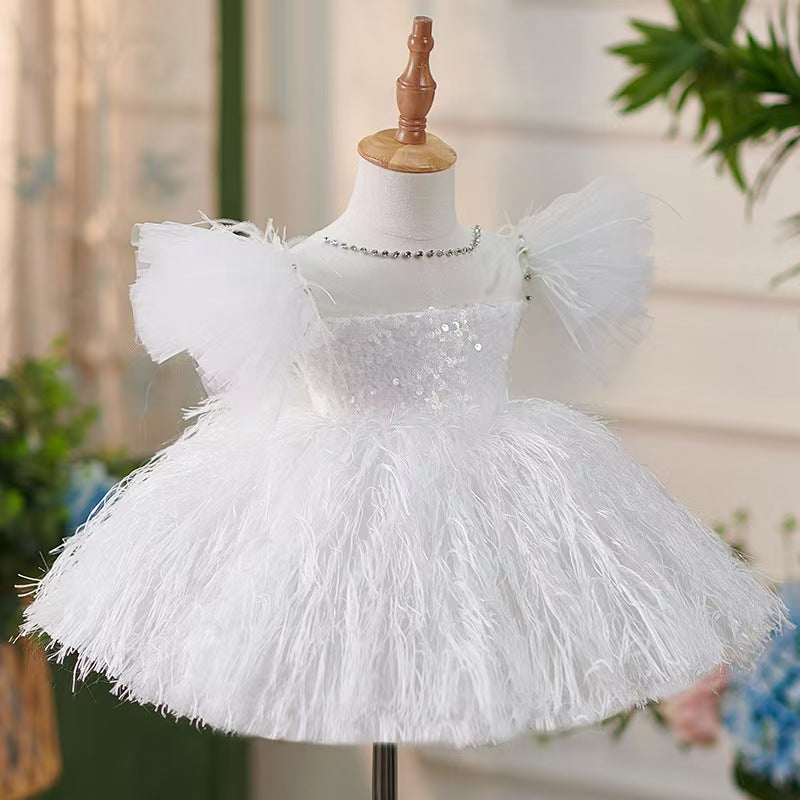 DWhite Knee Length Baby 1st Birthday Girl Dress J304