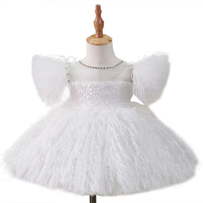 DWhite Knee Length Baby 1st Birthday Girl Dress J304