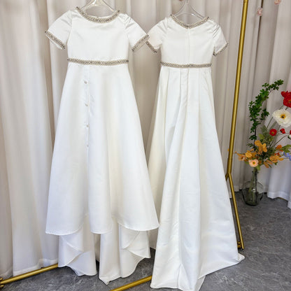 White Satin First Communion Weddding Party Girl Dress J297