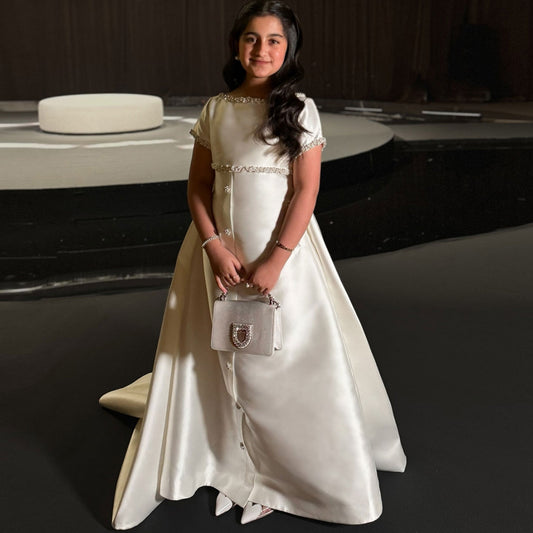 White Satin First Communion Weddding Party Girl Dress J297