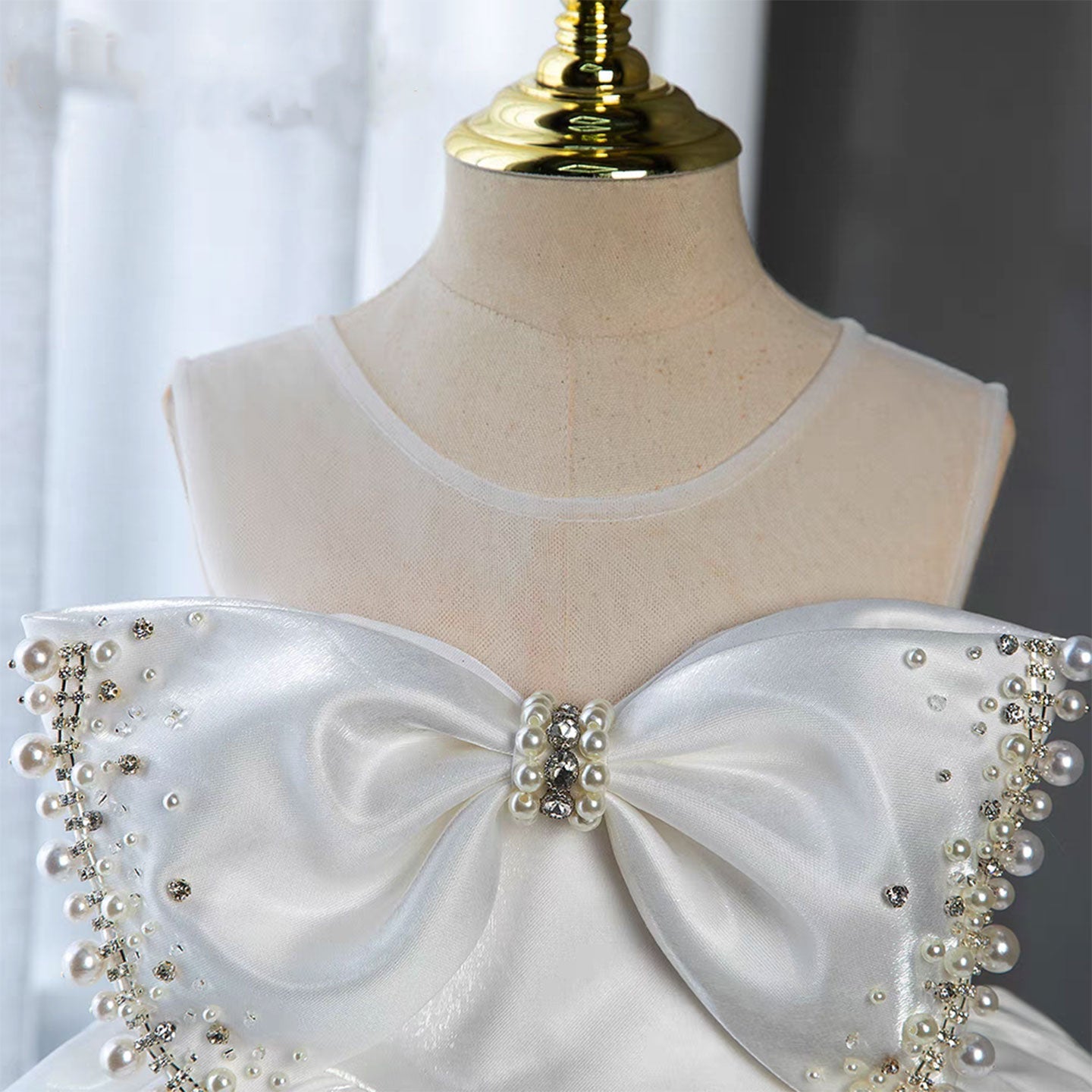 White Satin Girl Birthday Dress with Pearls J341