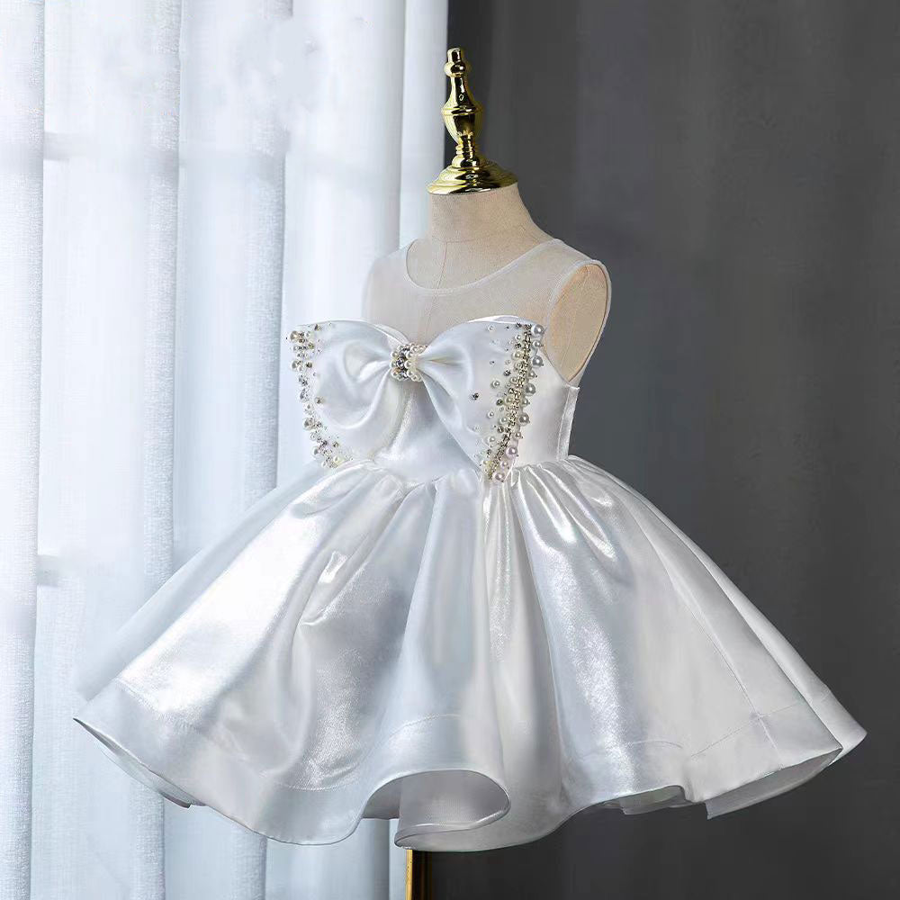 White Satin Girl Birthday Dress with Pearls J341