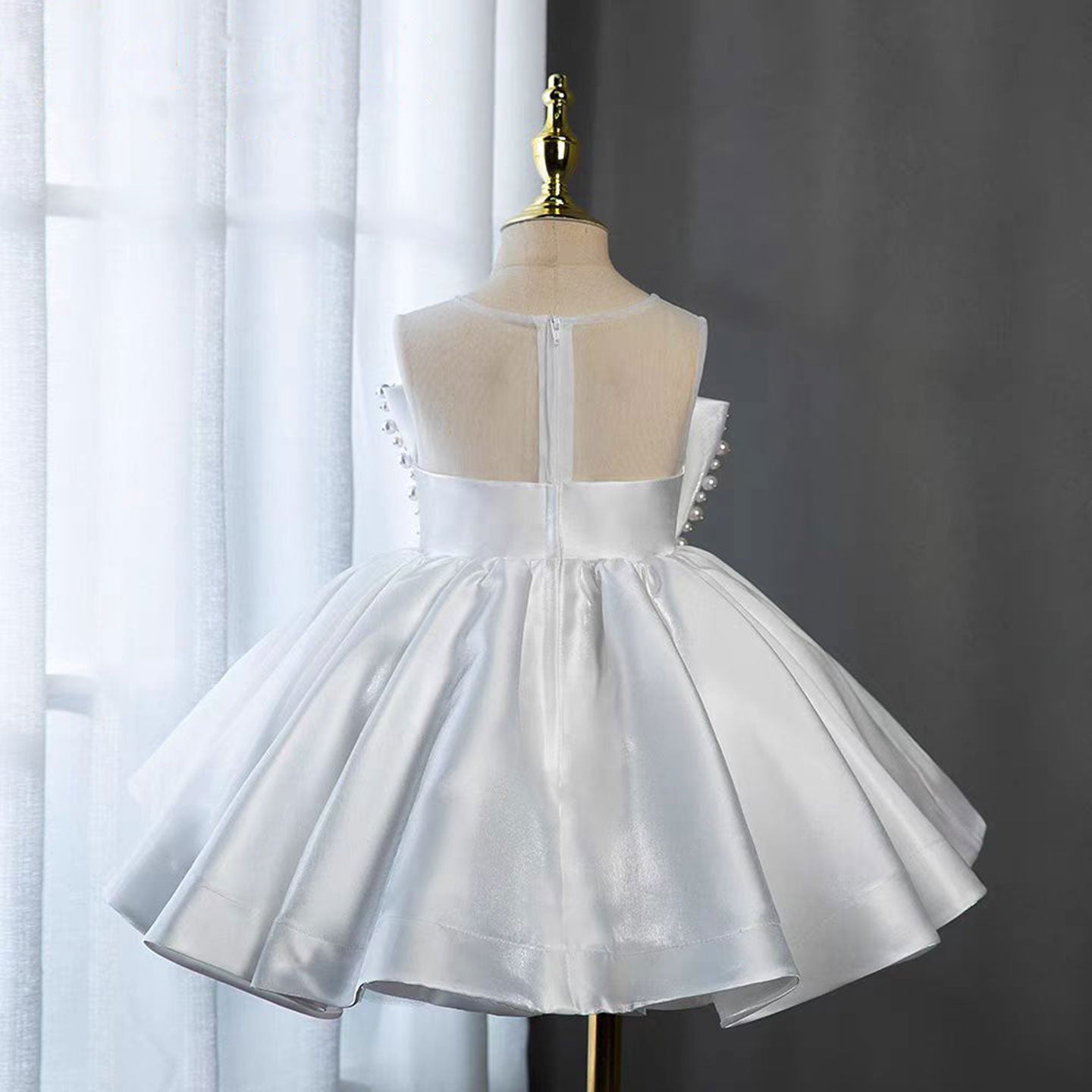 White Satin Girl Birthday Dress with Pearls J341