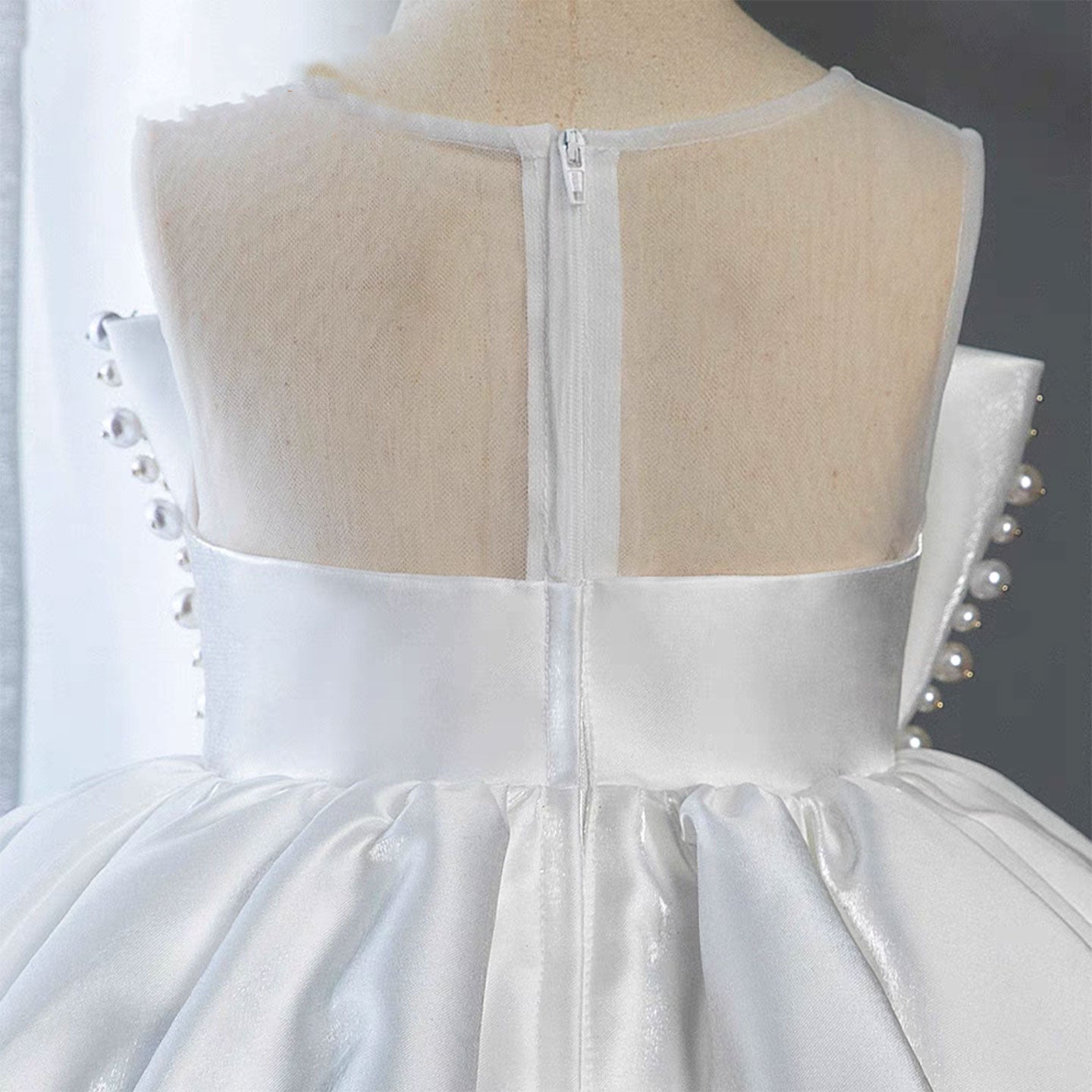 White Satin Girl Birthday Dress with Pearls J341