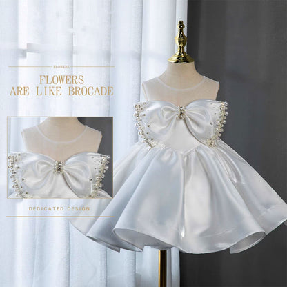 White Satin Girl Birthday Dress with Pearls J341