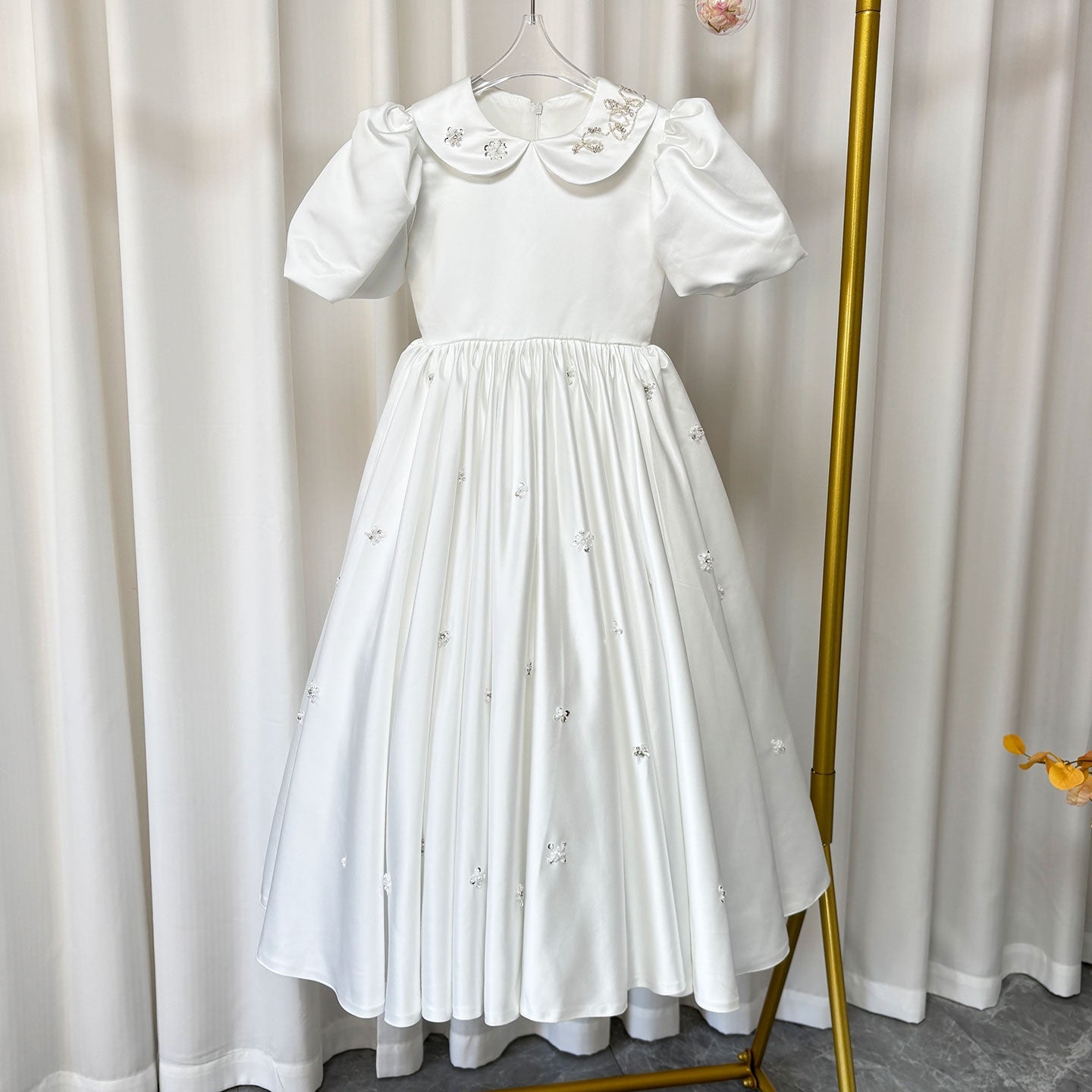 White Satin Girl Dress Ankle Length for Birthday Wedding Party J171