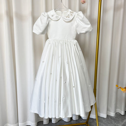 White Satin Girl Dress Ankle Length for Birthday Wedding Party J171